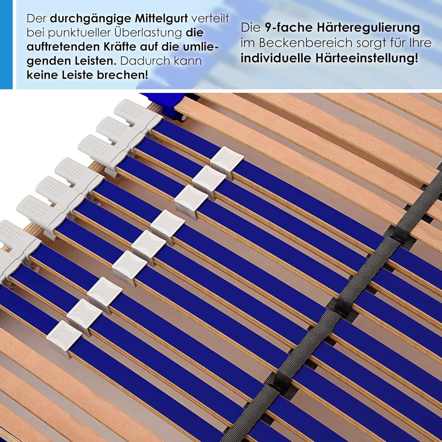 Stabiler Lattenrost 100% BUCHE - Kopf- und Fußteil verstellbar - SCHULTERFRÄSUNG, 7 Zonen, 44 Federleisten, Härte-Regulierung, Mittelgurt - Comfort 44® Vario - 100% fertig montiert (90x200cm)