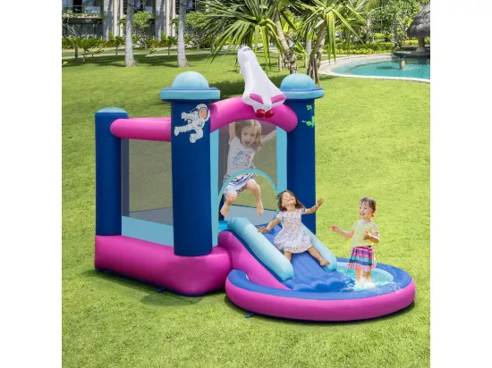 Toboggan Aquatique Gonflable Thème de l'espace avec Gonfleur 480 W Piscine à Eclaboussures Toboggan Portable,Sac de Transport et Piquets
