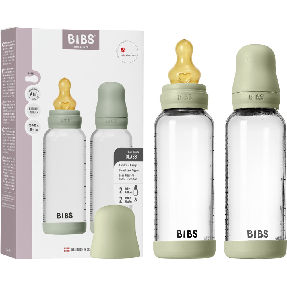 Køb Bibs Sage Glass Baby Flaske Round Latex 2-Pak 240 Ml Medium Flow