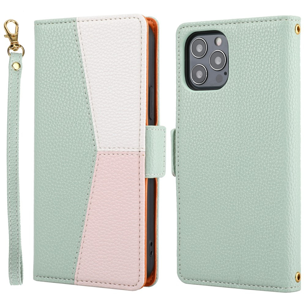 iPhone 13 Pro Leder Tasche Flip Cover Litchi Look mit Kartenfächern Geometrisches Design - Grün / Rosa / Weiss