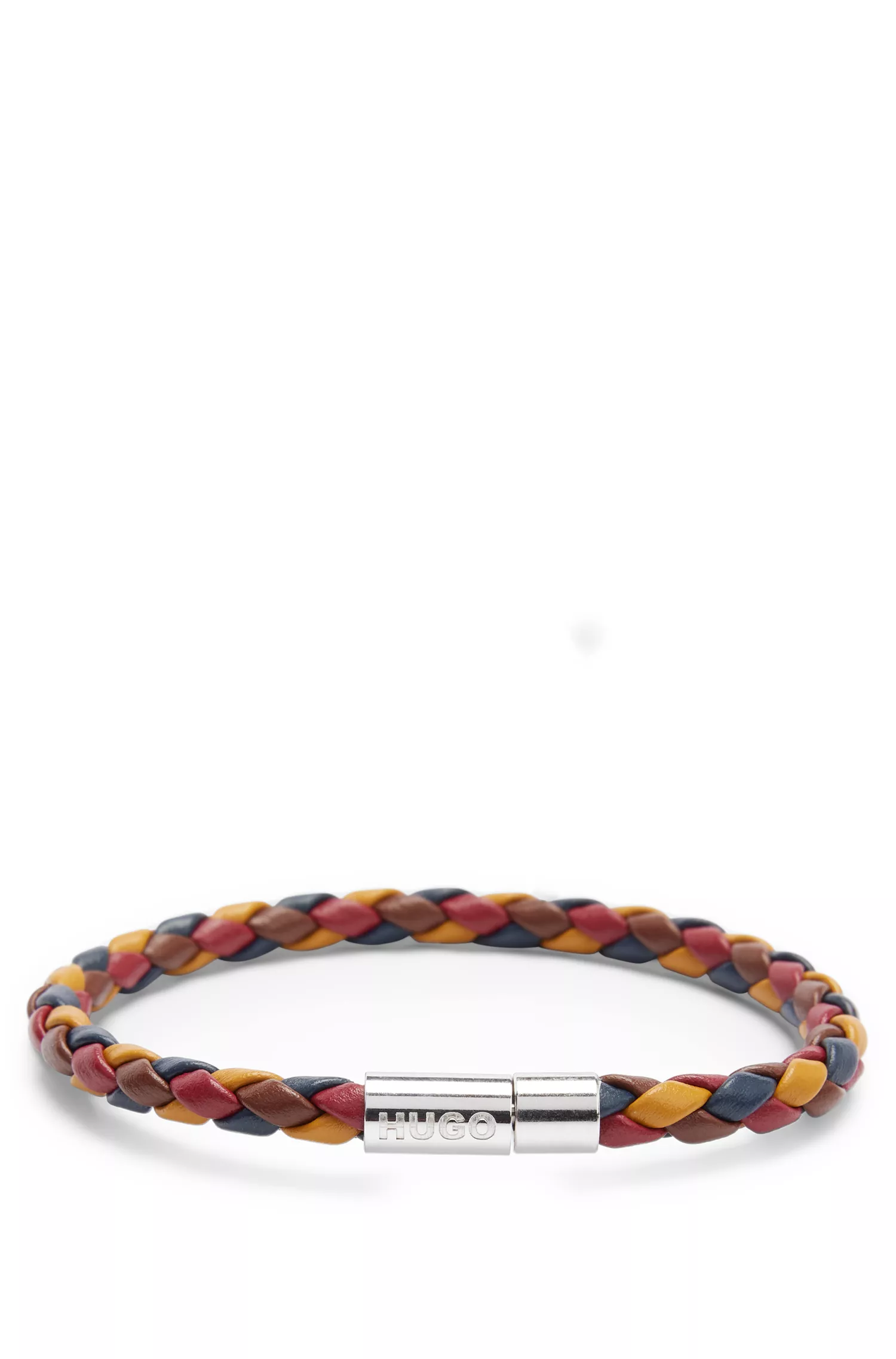 Bracelete HUGO em couro italiano trançado vermelho com fecho metálico da marca.