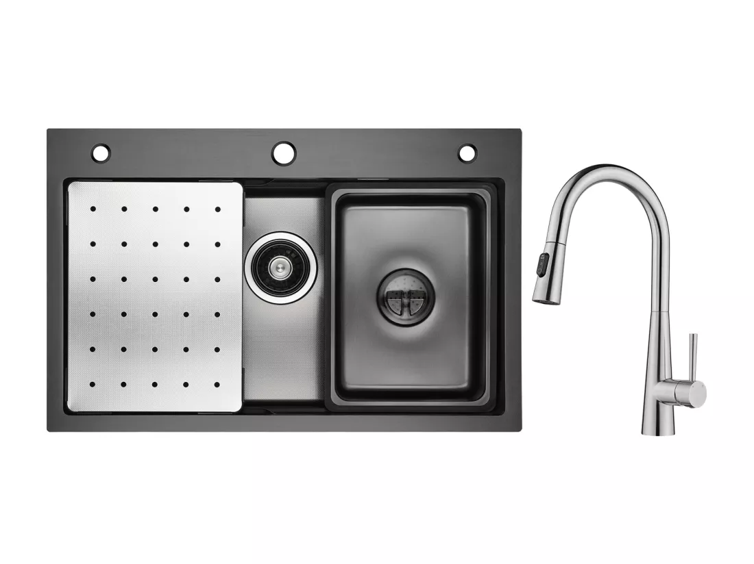 Cecipa max Évier 1 Bac 70×45cm avec Egouttoir, Vasque et Distributeur de Savon + Mitigeur avec Douchette Extractible, 3 Modes de Sortie D'eau, Brossé