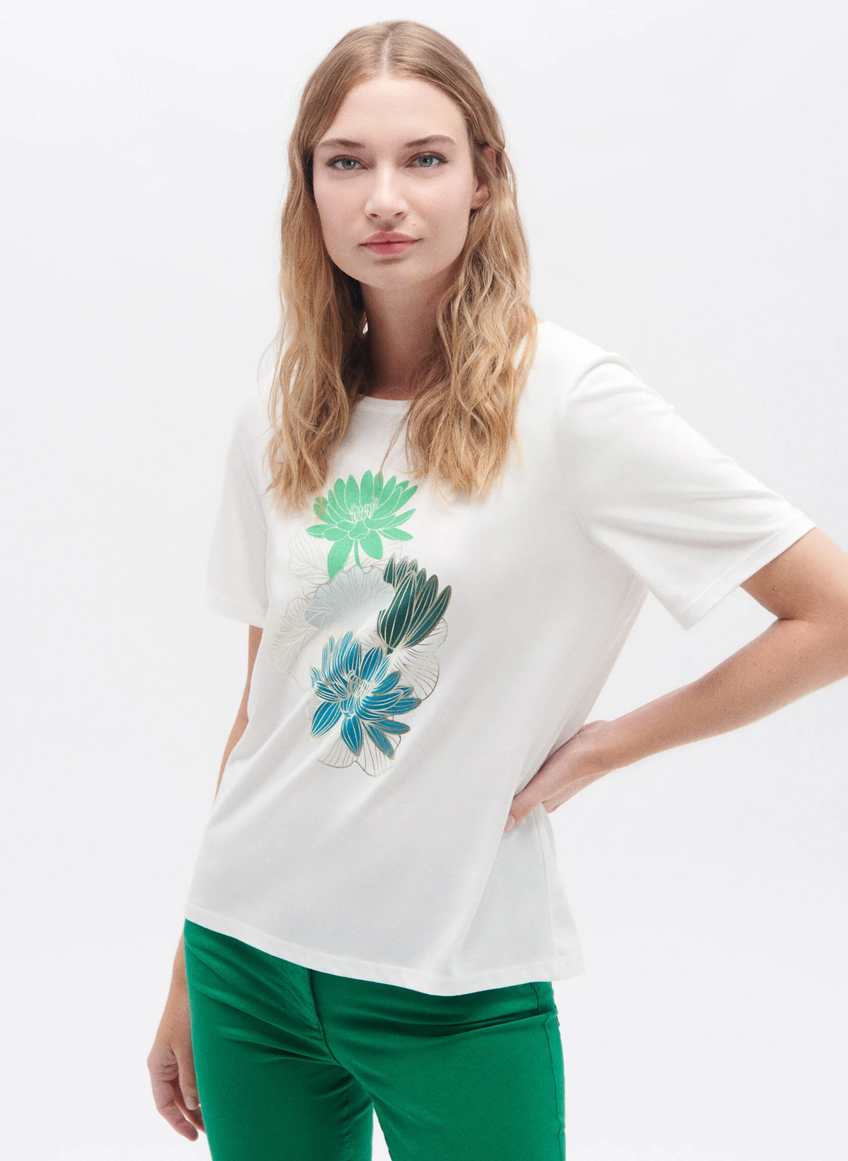 TANA - Tee-shirt col rond droit en coton mélangé | Vert