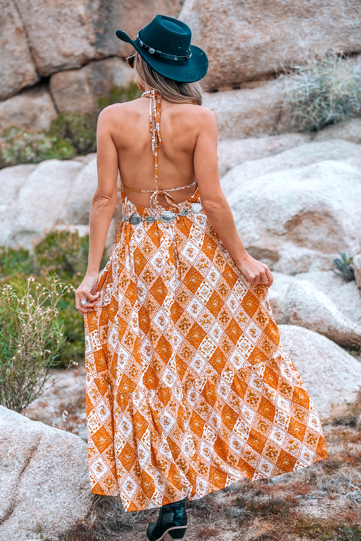 Robe maxi sans manches à col plongeant boho orange brûlé