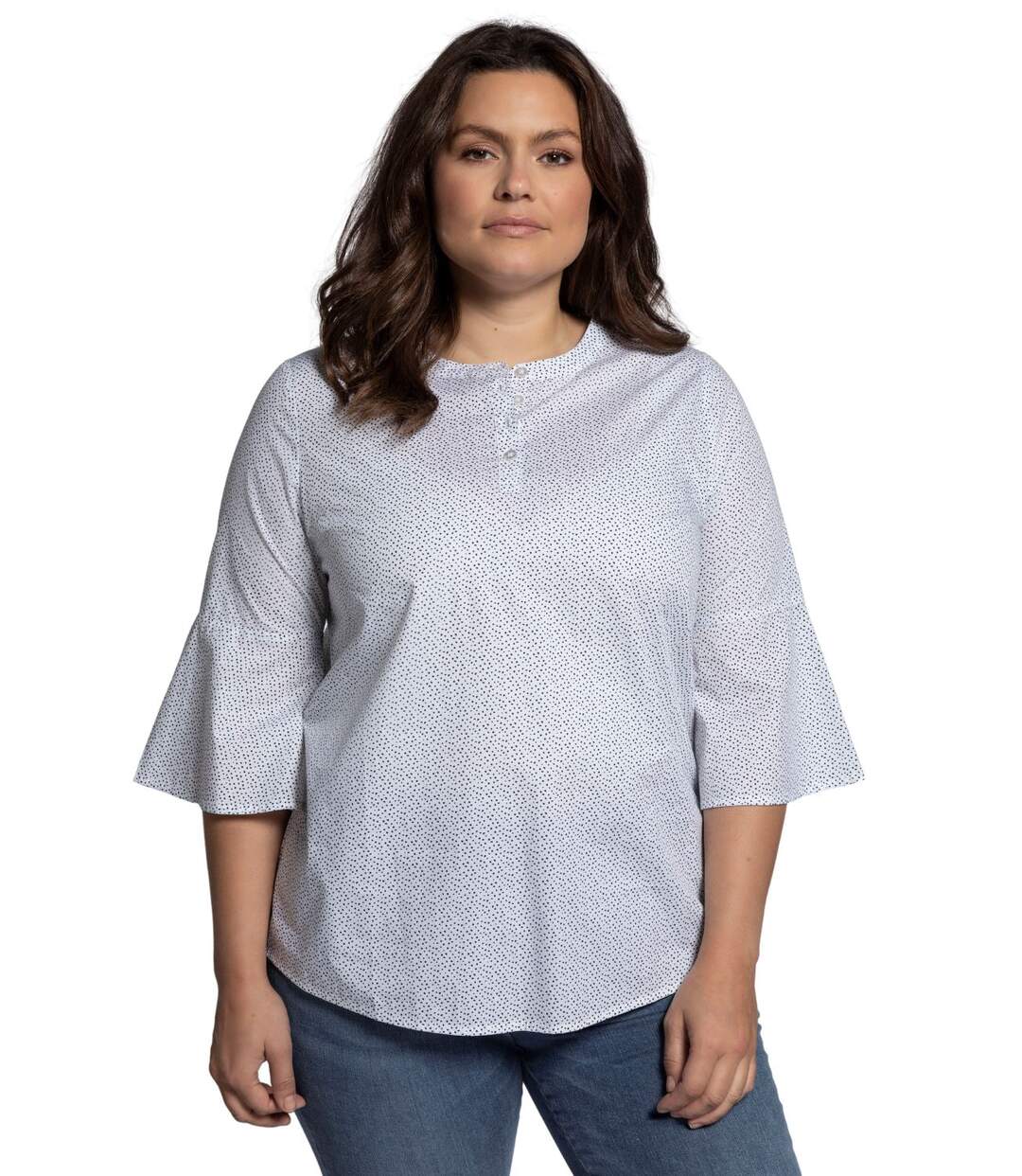 ULLA POPKEN Tunique à pois, boutonnée, manches 3/4 volant blanc