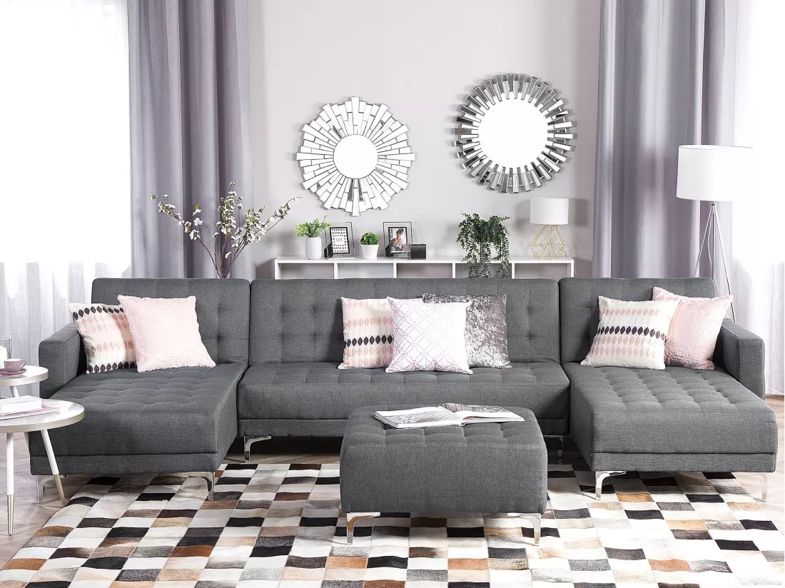 Canapé panoramique convertible en tissu gris clair 5 places avec pouf ABERDEEN