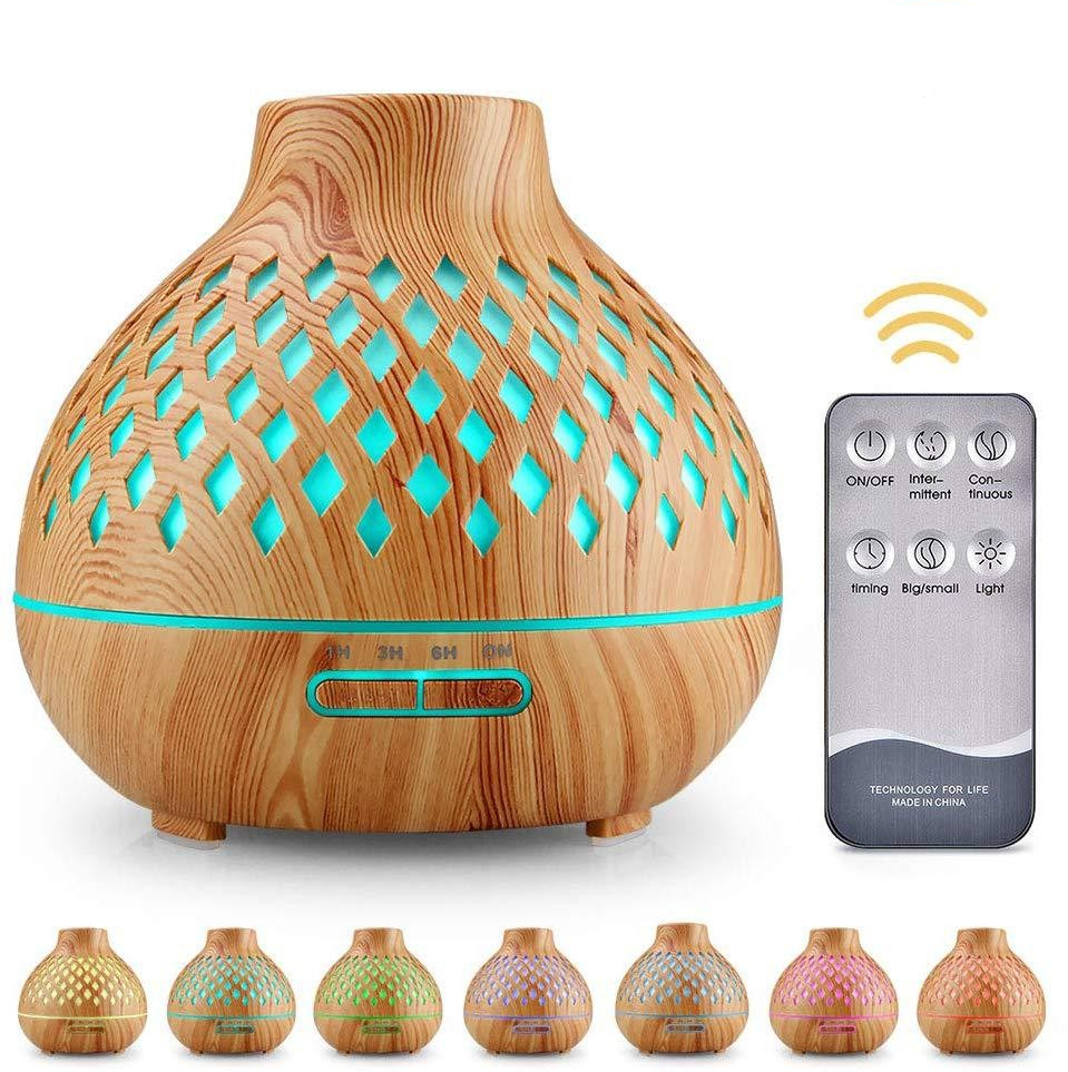 (400ml) 155x160mm Ultraschall Luftbefeuchter Aroma Öl Diffuser   Fernbedienung in Holz Optik mit LED Beleuchtung- Hellbraun