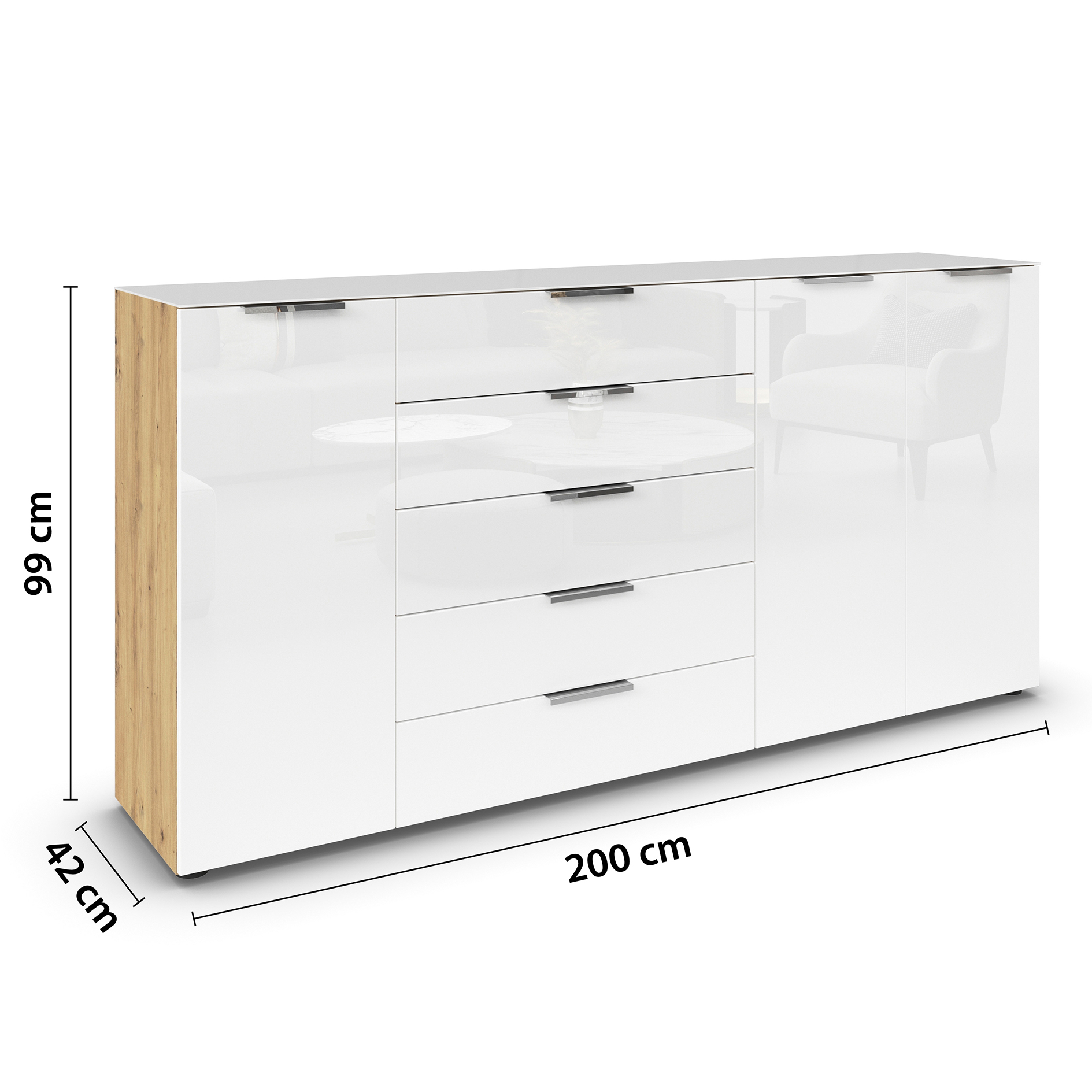 Kommode - Artisan Eiche-Kristallweißglas - Chromgriffe - 199 cm