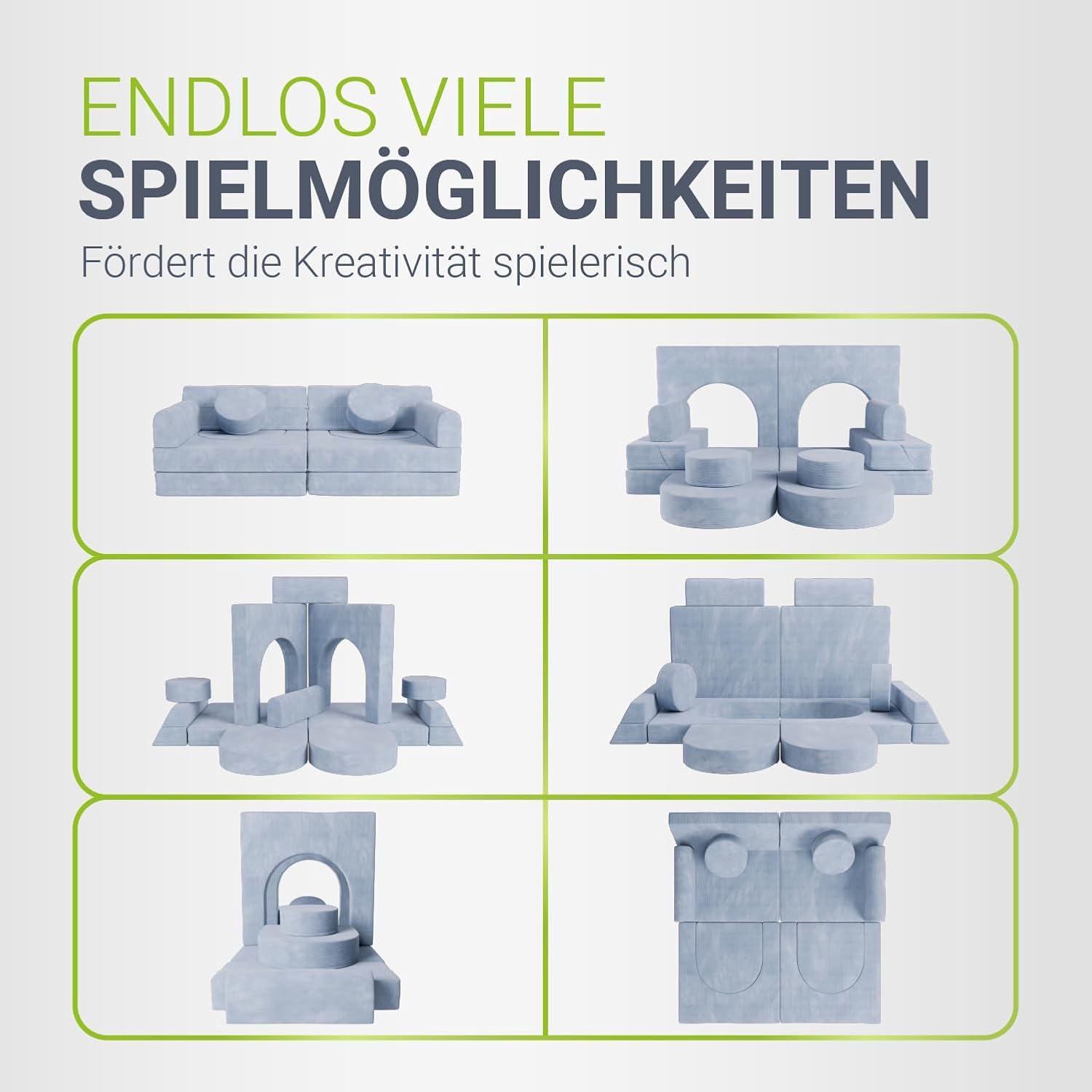 Juskys® Kindersofa Kayo - Cord, modular & weich, Sofa für Kinderzimmer & Spielzimmer, sicher, flexibel, pflegeleicht, mit abnehmbaren Bezügen – Hellblau