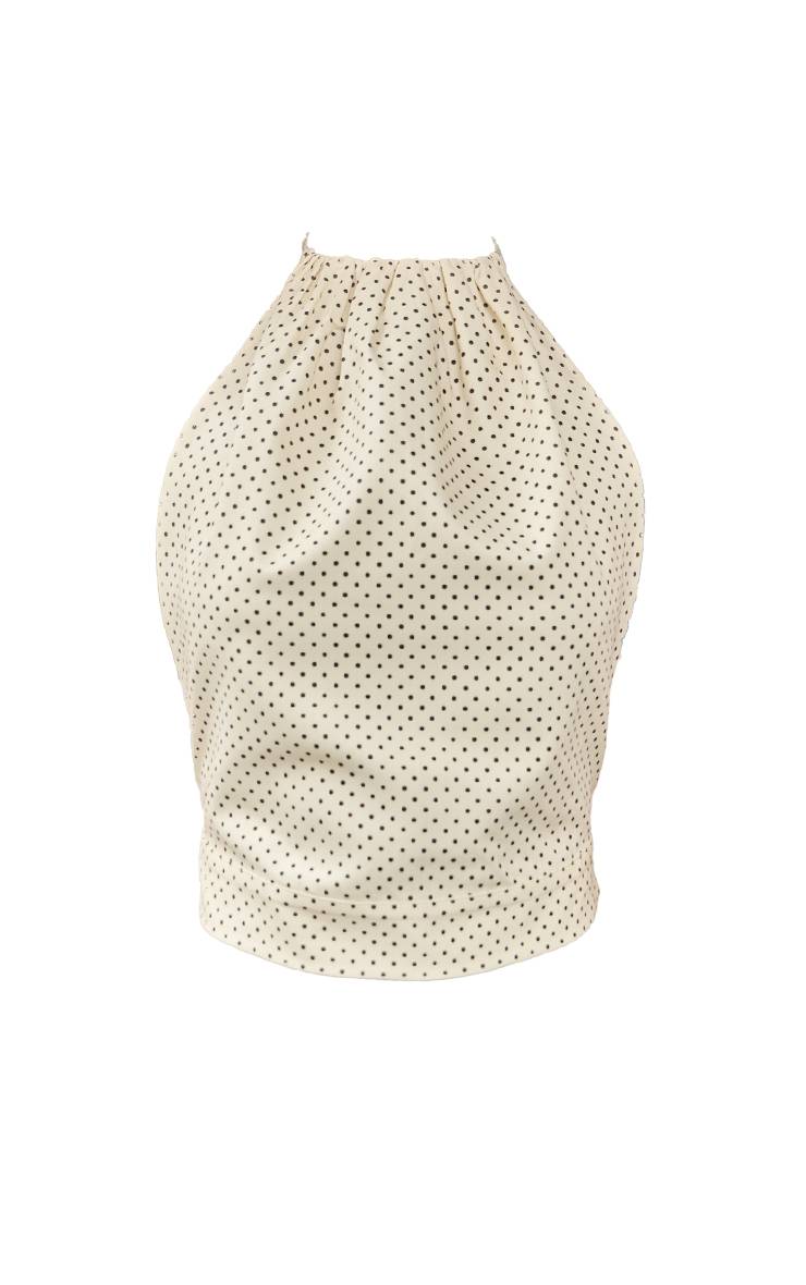 Jaune Ensemble Haut Court À Pois Col Licou Avec Liens