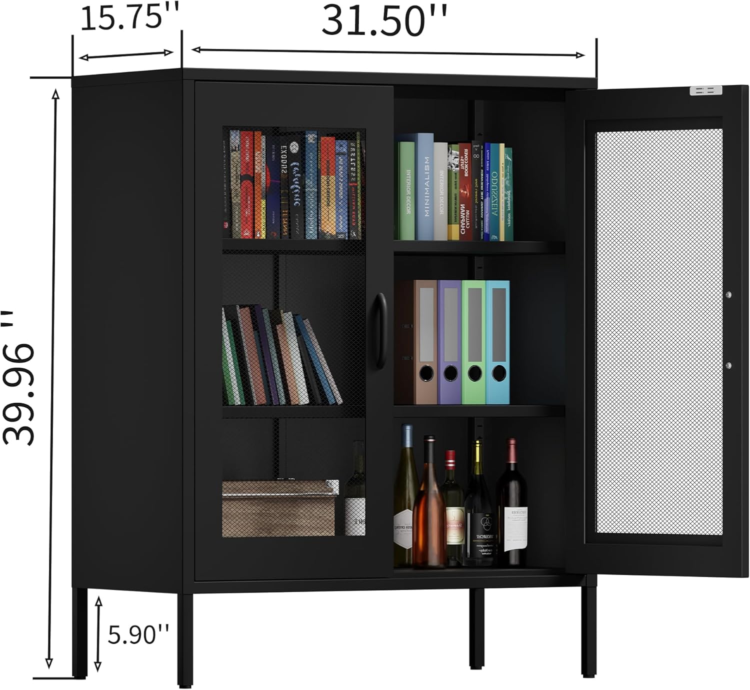 Metall-Speicherschrank mit Maschendrahttüren, Sideboard-Schrank mit 2 Türen und 2 verstellbaren Regalen, Mehrzweck-Schrank aus Stahl, 40B x 80T x 101,5H cm, Schwarz