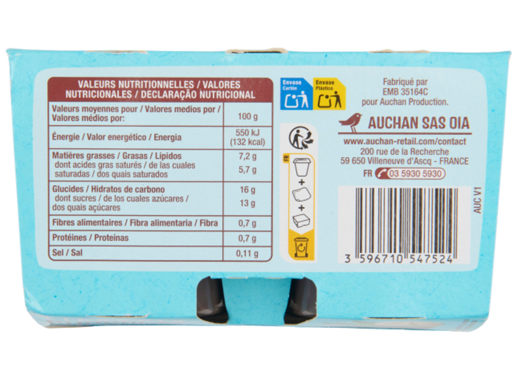 LIEGEOIS CHOCOLATE AUCHAN BASE LEITE DE COCO 4X95G