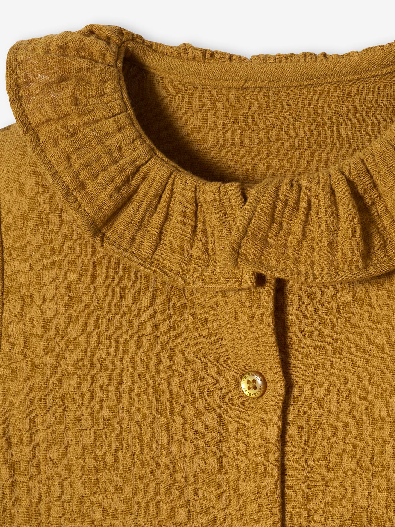 Vestido infantil com babado de chiffon de algodão, marrom médio liso