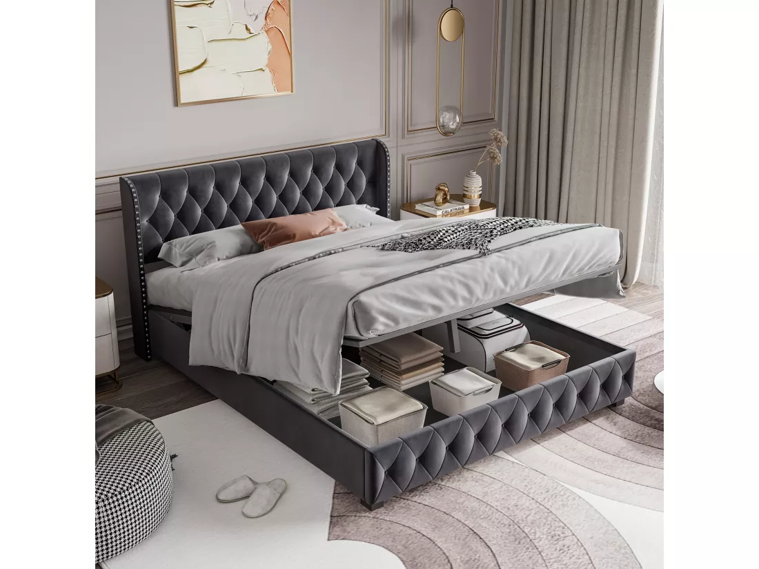 Lit coffre rembourré en velours - décoré de rivets - avec sommier à lattes - 160x200cm - Gris