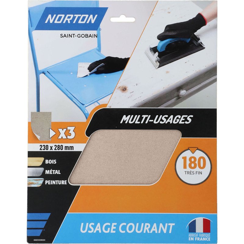 Feuilles de ponçage à main Norton multi-usages - Grain 180