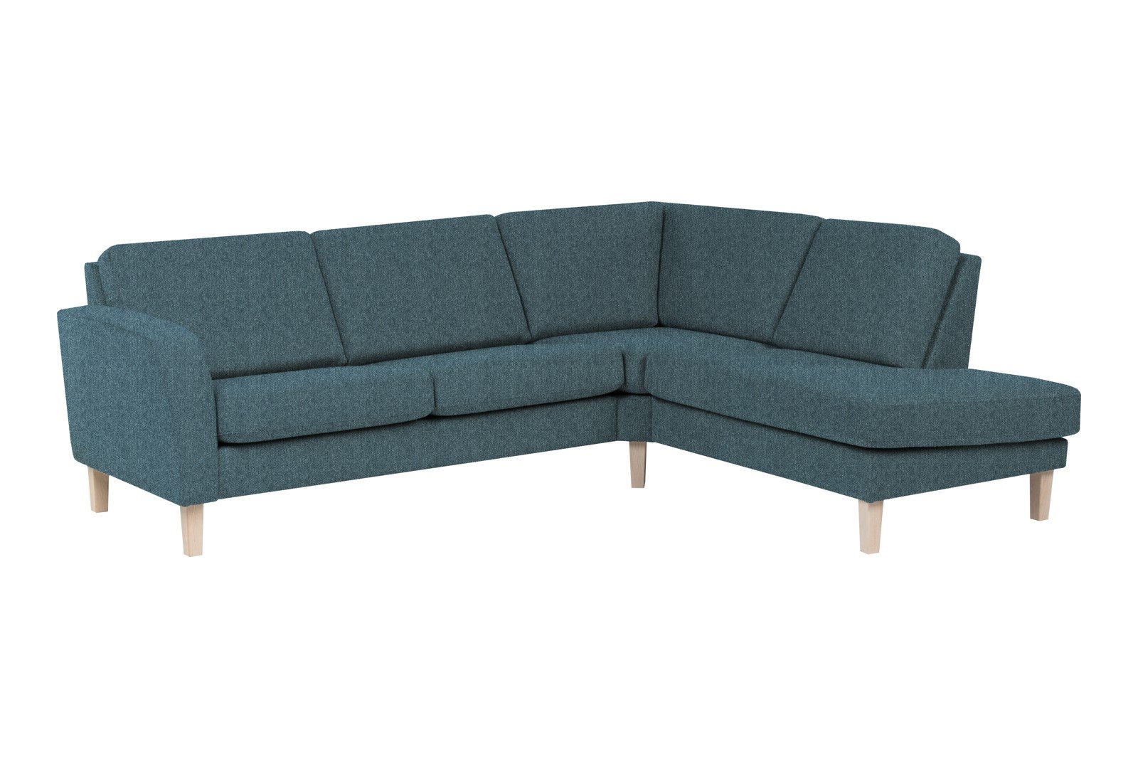 Slogen hjørnesofa Oppsett AH. 2,5-seter med åpen ende høyre. Tekstil Viva Blue med standard ryggpute. Vange A og hvitpigmentert ben 178.