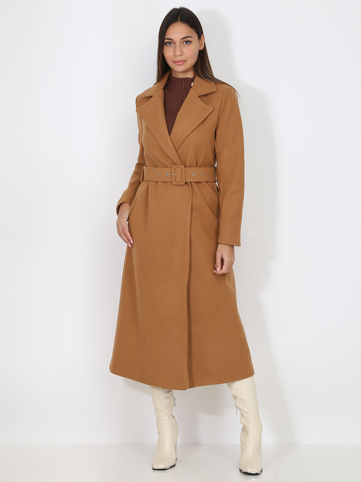 Manteau mi-long croisé et ceinturé- Camel