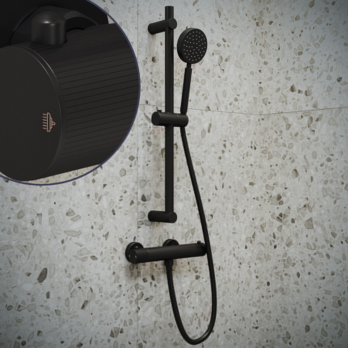 Saniclear Nero Stripes doucheset mat zwart met thermostatische kraan, handdouche en glijstang