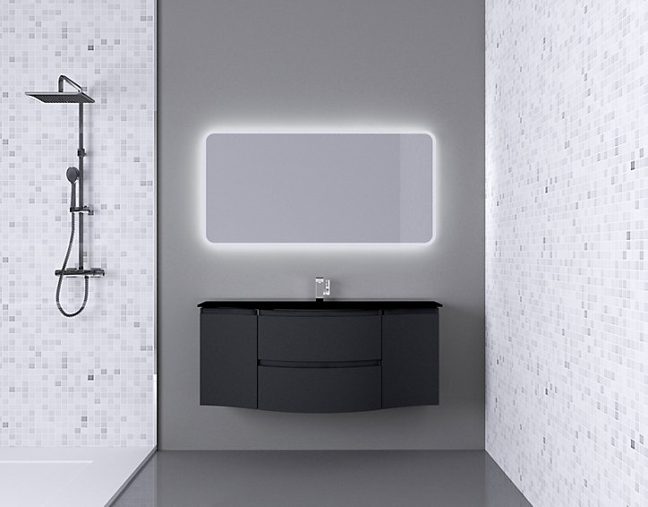 Ensemble salle de bains l.138 cm meuble sous vasque graphite mat + plan vasque central verre noir mat Vague