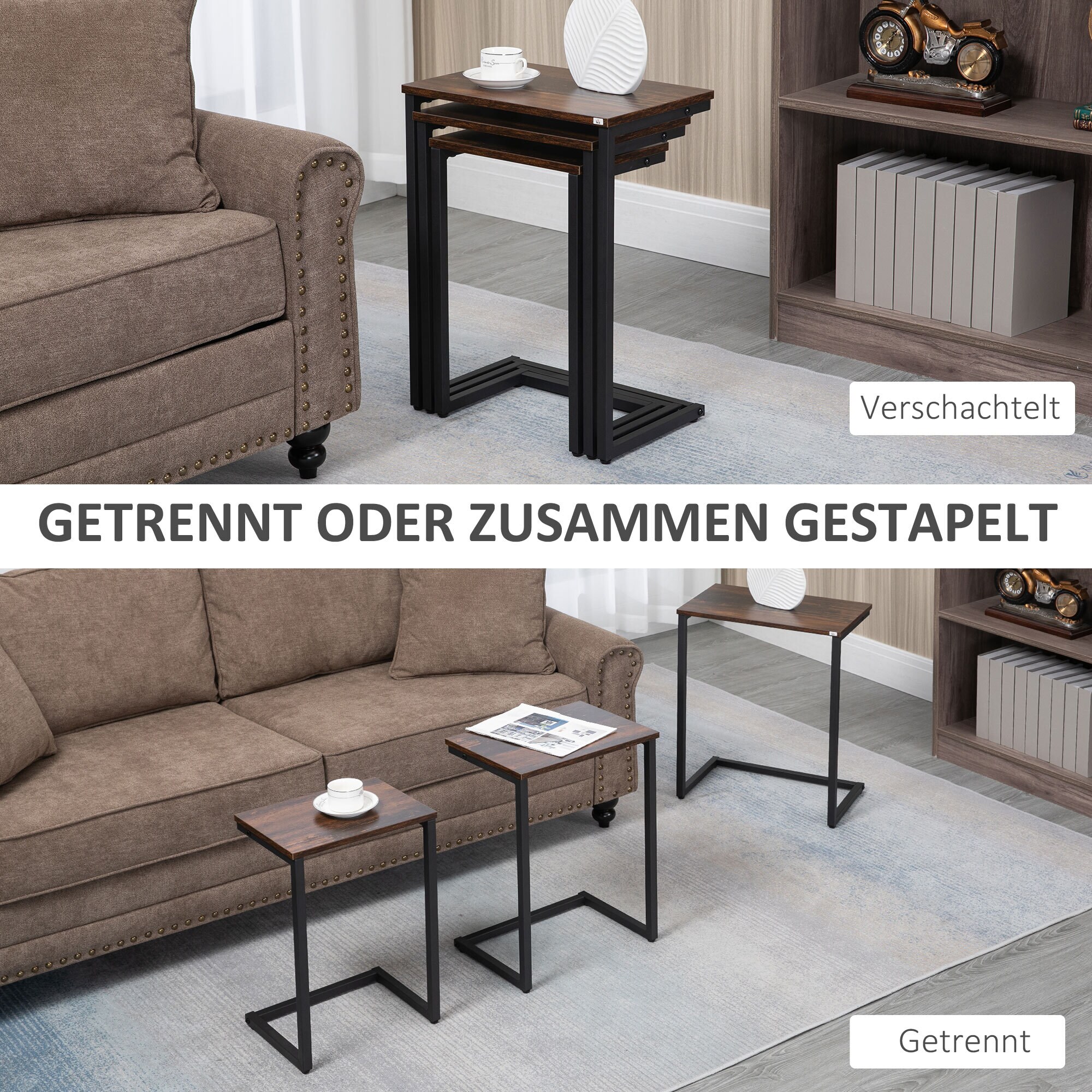 HOMCOM Beistelltisch-Set mit Stahlrahmen braun 45L x 30B x 60H cm