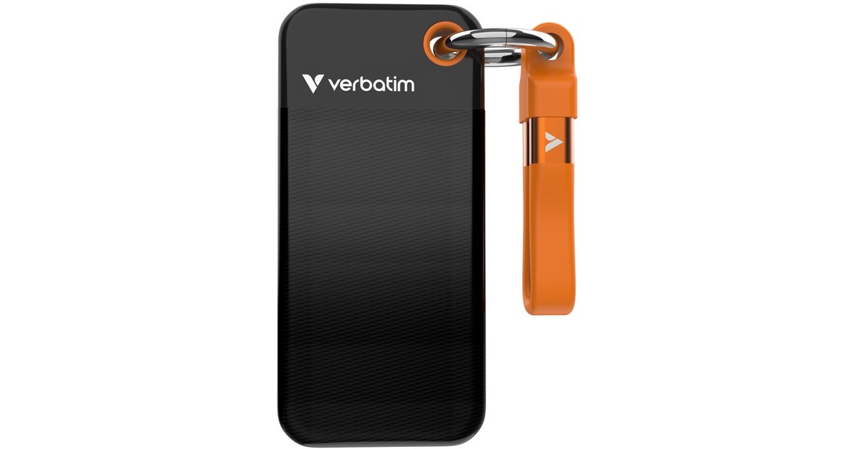 VerbatimPocket 1 TB externe SSD  (Zwart/oranje, USB-C 3.2 Gen 2 (10 Gbit/s), Incl. met sleutelhanger en kabelbevestiging)