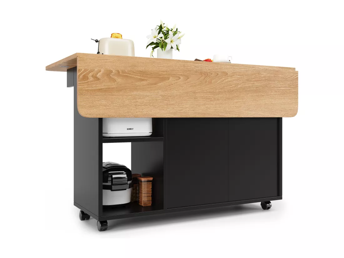 Ilot central de cuisine mobile avec 2 portes et étagères ouvertes - Plateau extensible - 120x30(70)x79.5cm - Bois MDF - Noir et naturel