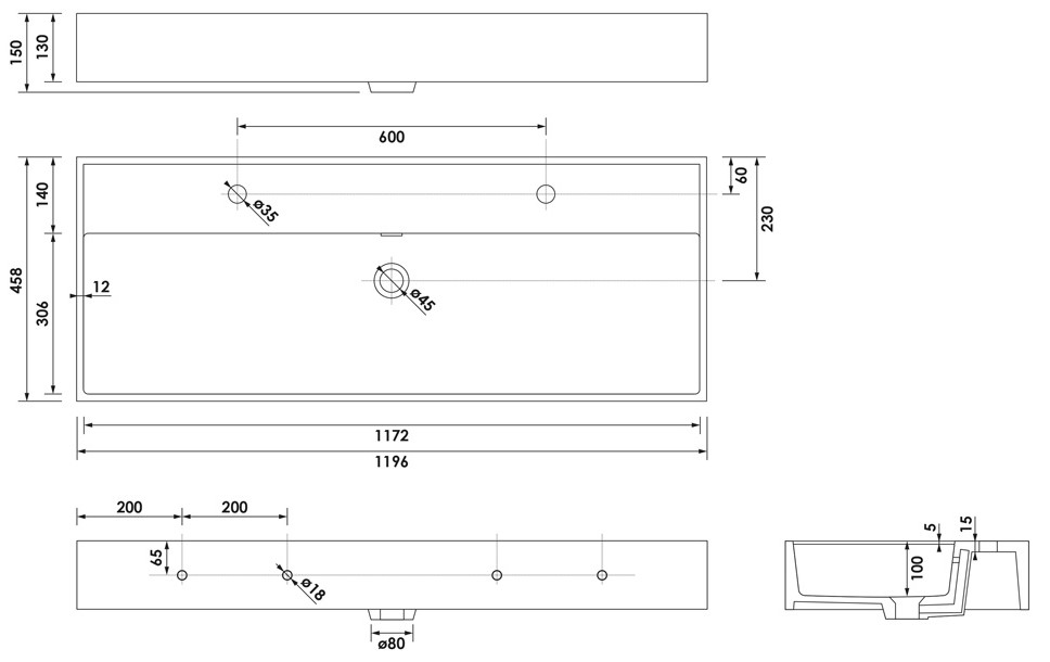 Brauer Gravity enkele wastafel mineraalmarmer 120cm met 2 kraangaten wit glans