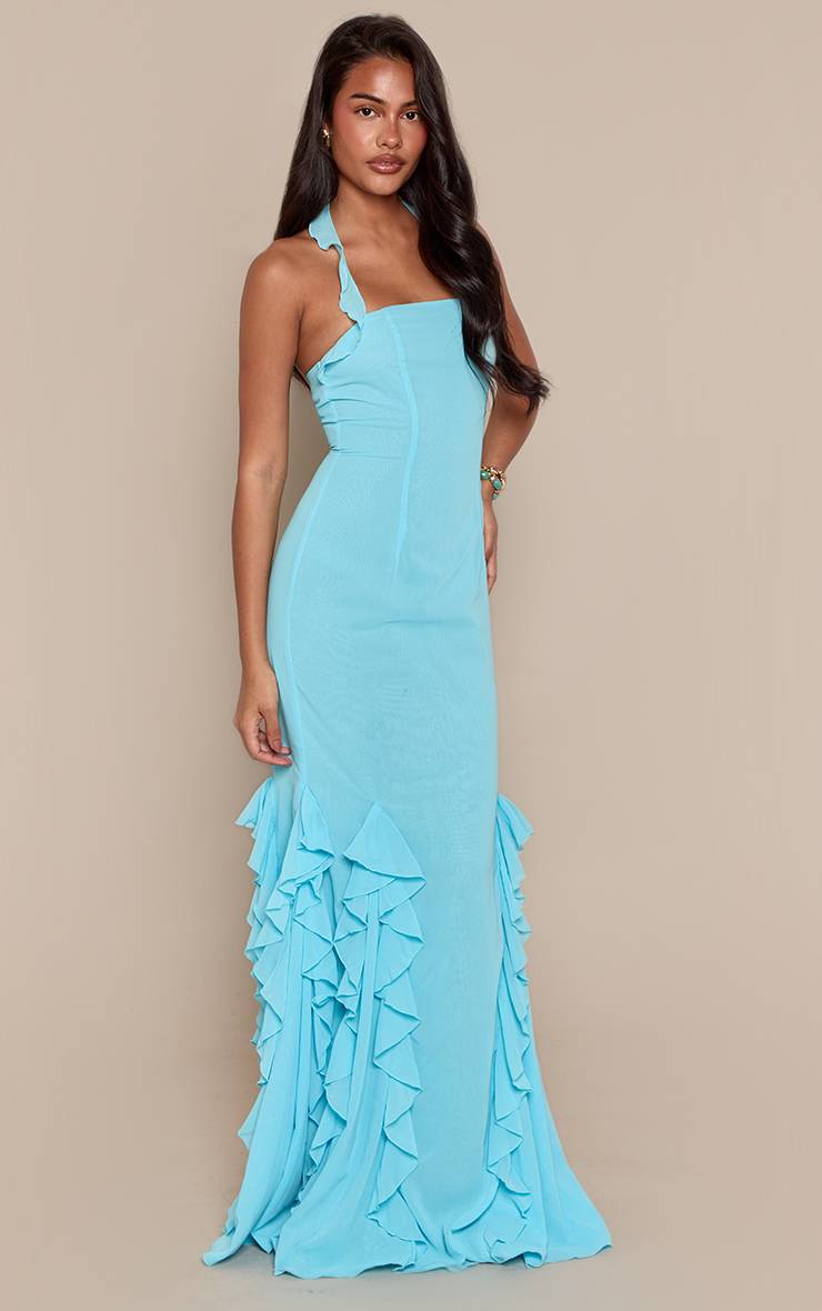 Bleu Layette Robe Maxi Dos Nu En Mousseline À Volants