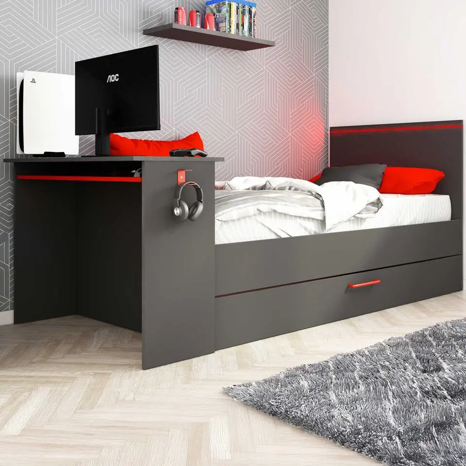 Bed Bzone 90x200 cm met bedlade, bureau en ledverlichting - antraciet