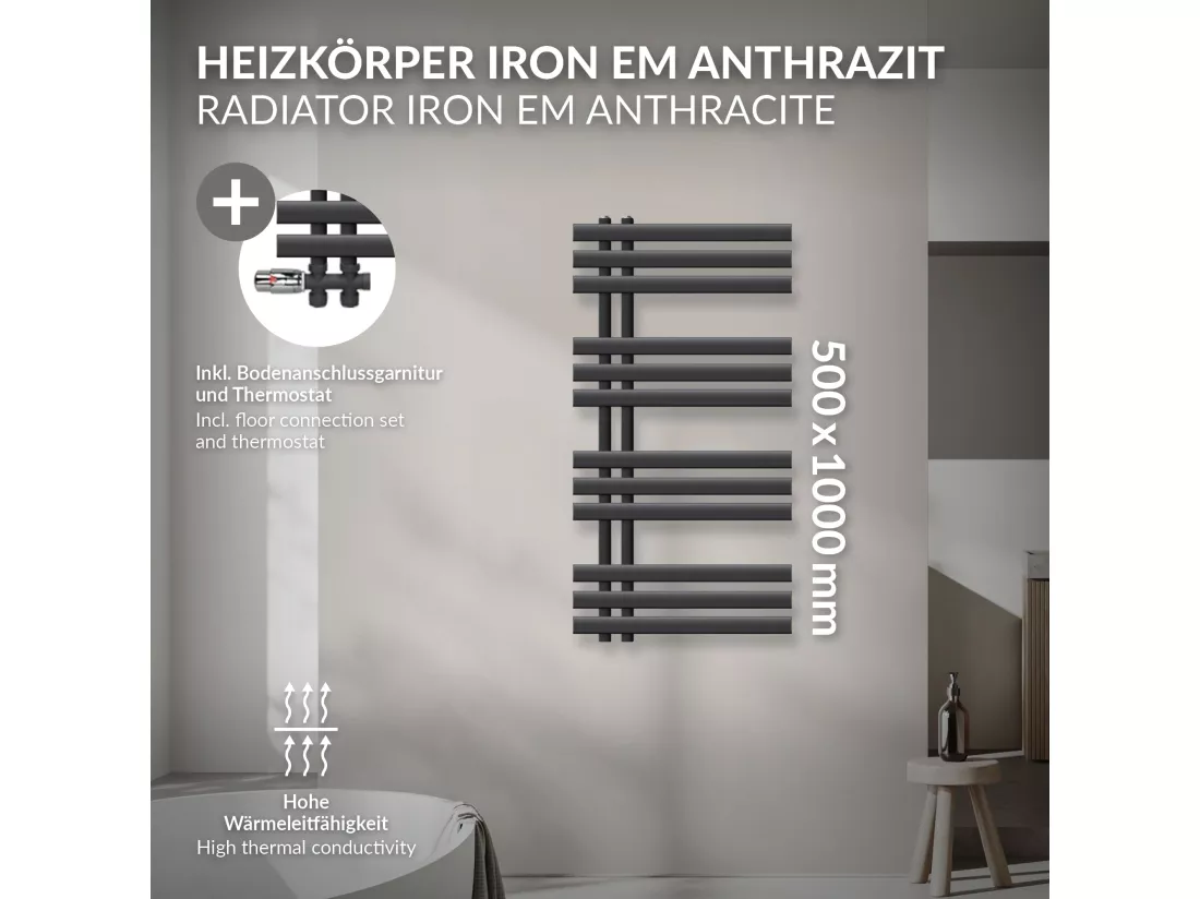Radiateur salle de bain Iron EM 500x1000mm raccord central au sol avec garniture