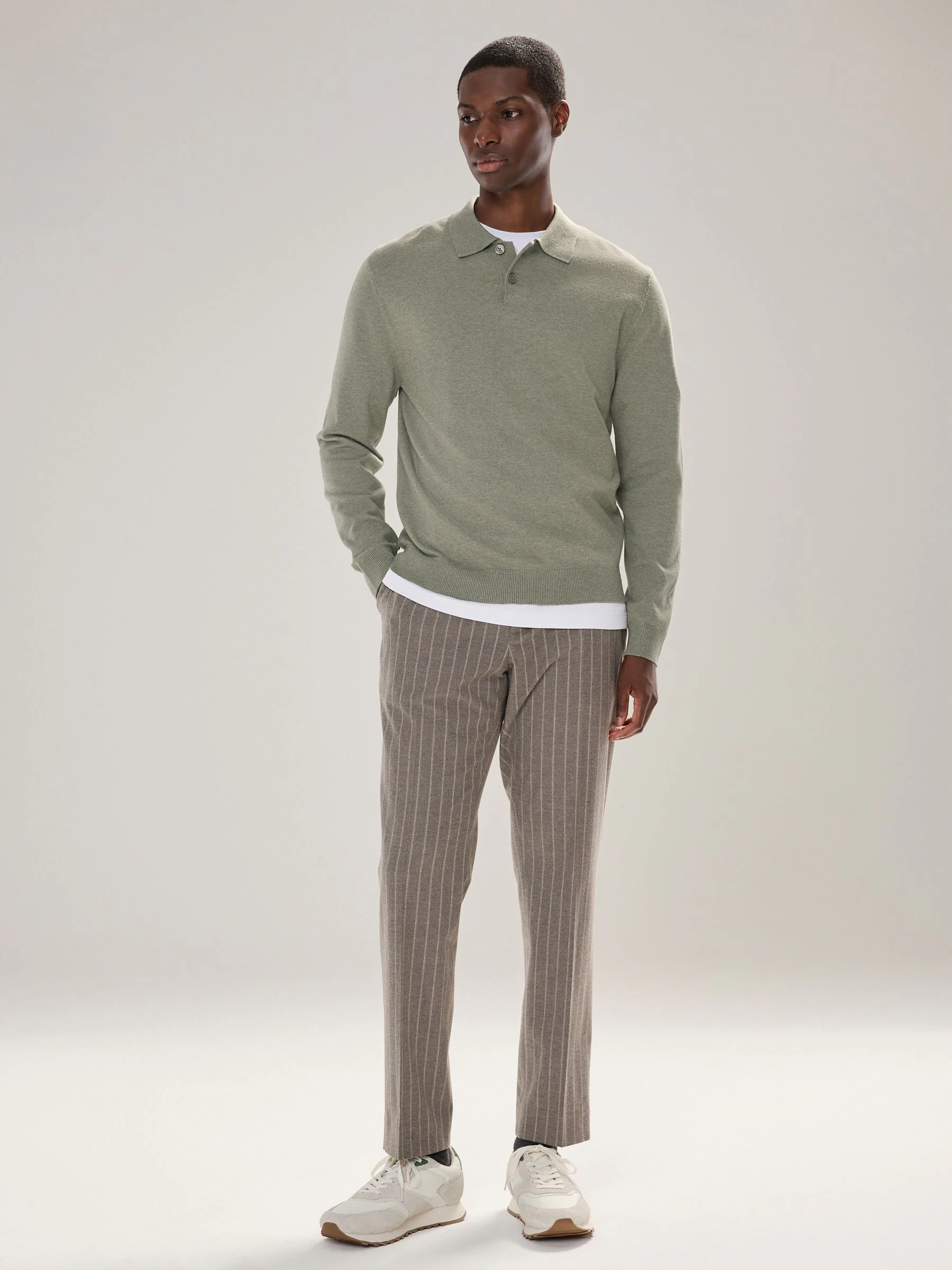 Grijs-groen - Effen - Regular Fit Essential Long Sleeve Knitted Polo Shirt
