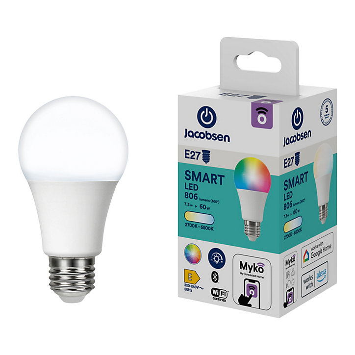 Ampoule LED connectée Myko E27 A60 standard 806lm=60W variation de blancs et couleurs Jacobsen blanc