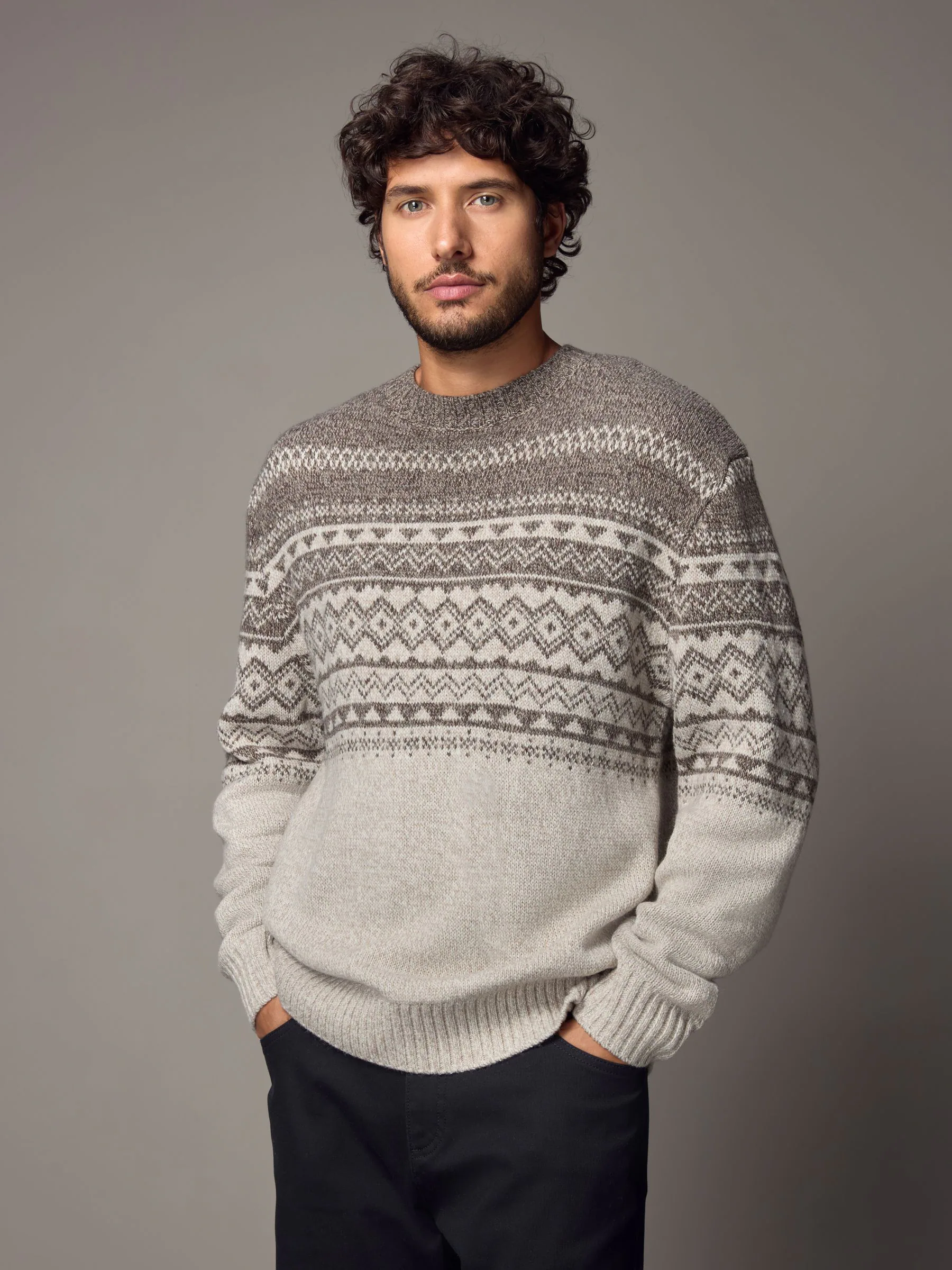 Neutraal/ecru - Ronde hals - Regular-fit trui met fair isle-patroon en wol