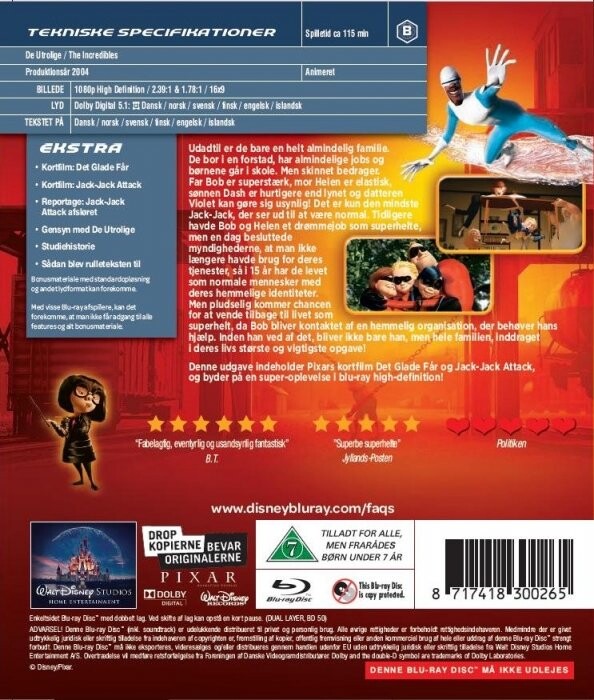 De Utrolige 1 / The Incredibles 1 - Disney Pixar - Blu-Ray