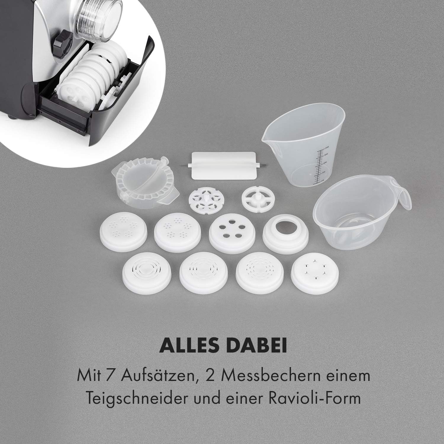Klarstein Pastamania Elektrische Nudelmaschine – 260W Automatische Pastamaschine mit 7 Aufsätzen, 500g Kapazität, Leise 60dB, LED-Display, 3-Minuten Knetvorgang, Inkl. Teigausstecher und Ravioli-Form