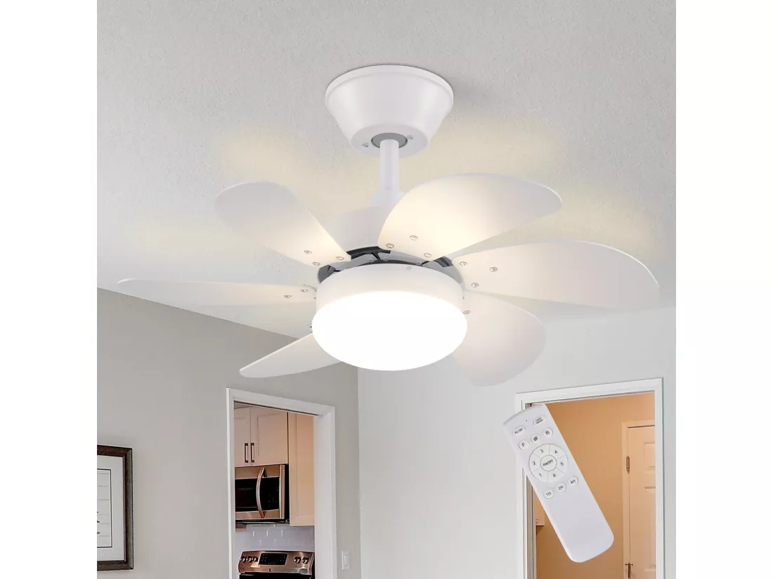 NETTLIFE Ventilateur de plafond blanc avec éclairage, télécommande, silencieux, avec minuterie, 6 pales, pour chambre à coucher