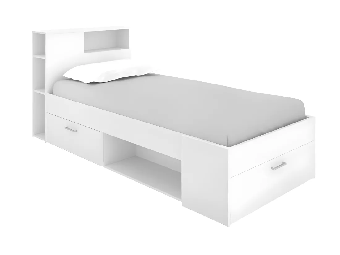 Lit avec tête de lit rangements et tiroir - 90 x 190 cm - Blanc + Sommier - LEANDRE