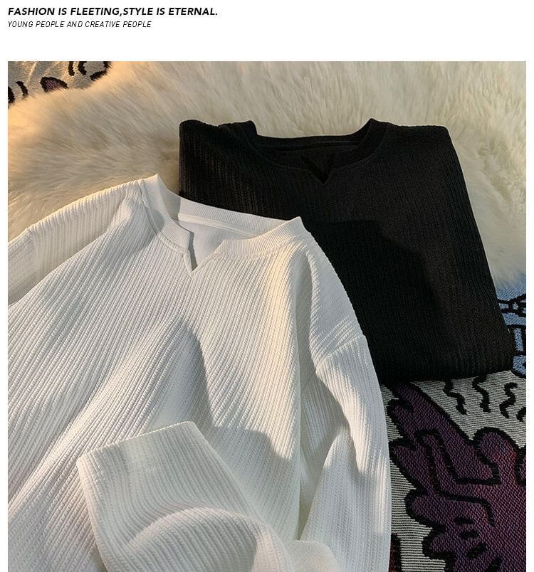 Diphon - T-shirt met lange mouwen en inkeping in de hals, effen textuur