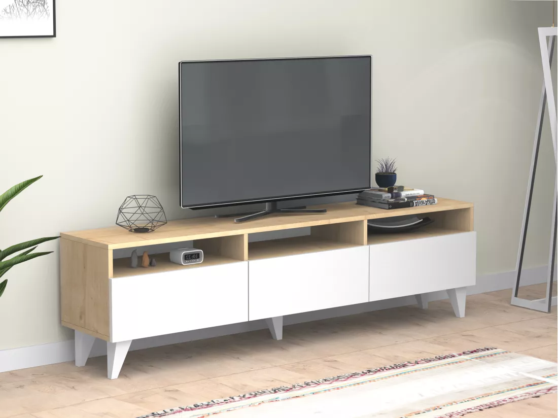 Meuble TV avec 3 portes et 3 niches - Blanc et Naturel - DEMANIA