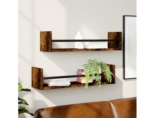 VIDAXL - Etagère murale étagères murales avec barres 2 pcs chêne fumé 60x16x14 cm