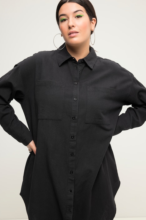 Hemdbluse, oversized, Leinenmix, Hemdkragen, Langarm