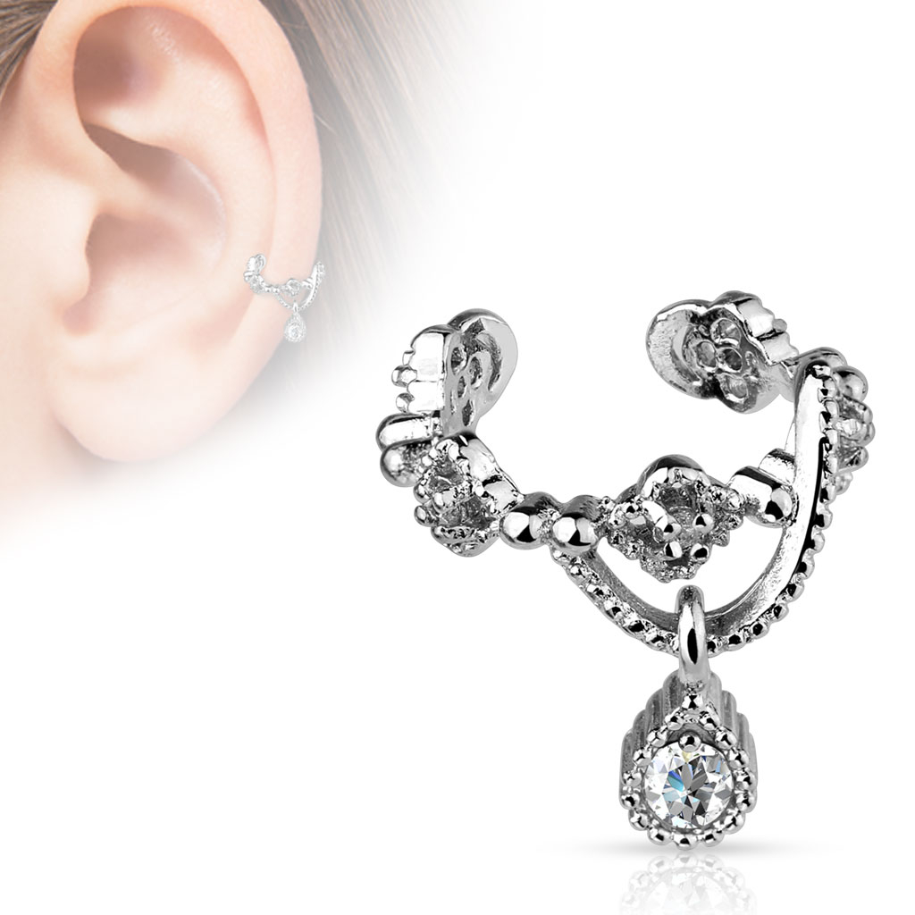 (Ø7mm) Fake Conch Ear Cuff Fake Piercing Ring Strass Stein Anhänger - Silber