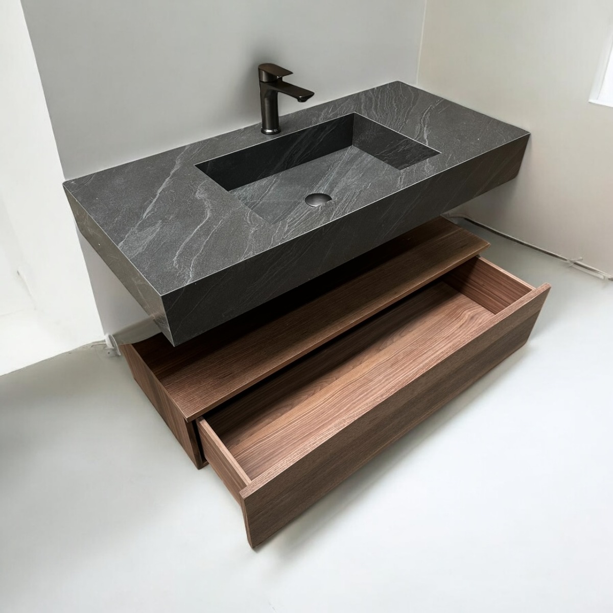 B-Stone LC eiken wastafel onderkast met grijze sintered stone wastafel 100cm 1 lade