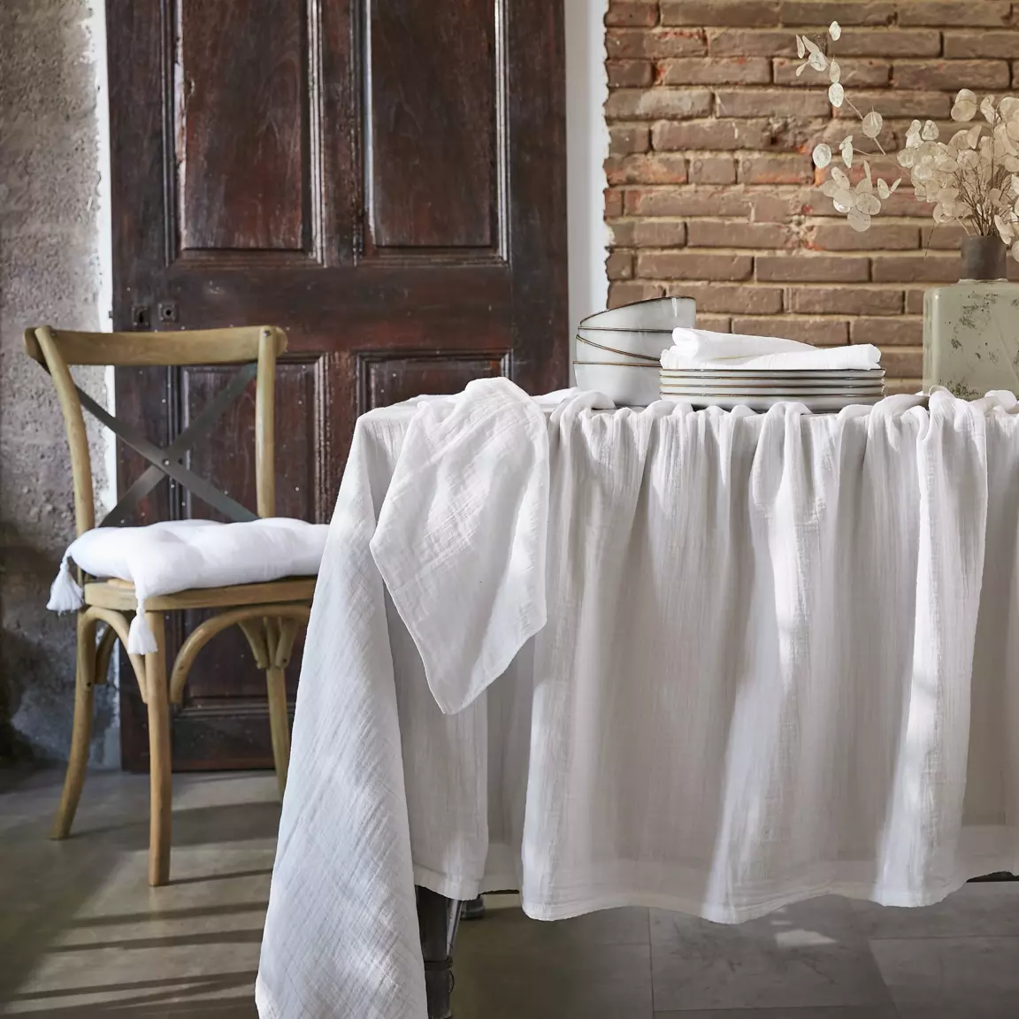 Nappe rectangulaire gaze de coton (150 x 350 cm) Gaïa Blanc chantilly