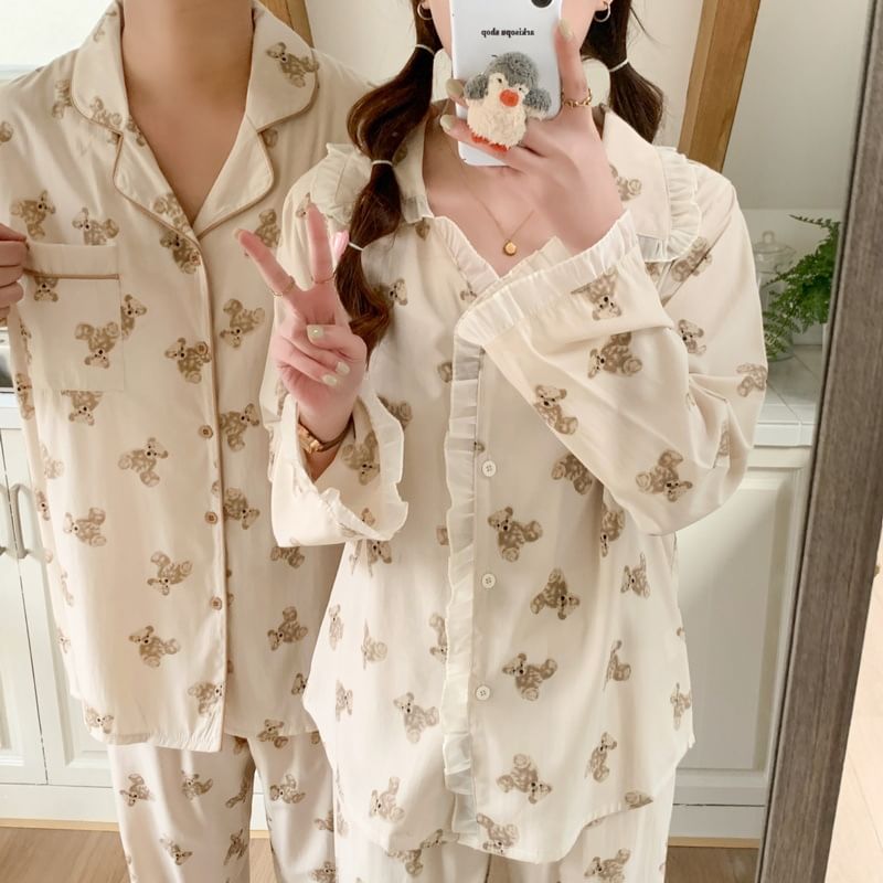 Sadelle - Koppel bijpassende pyjamaset met lange mouwen en berenprint