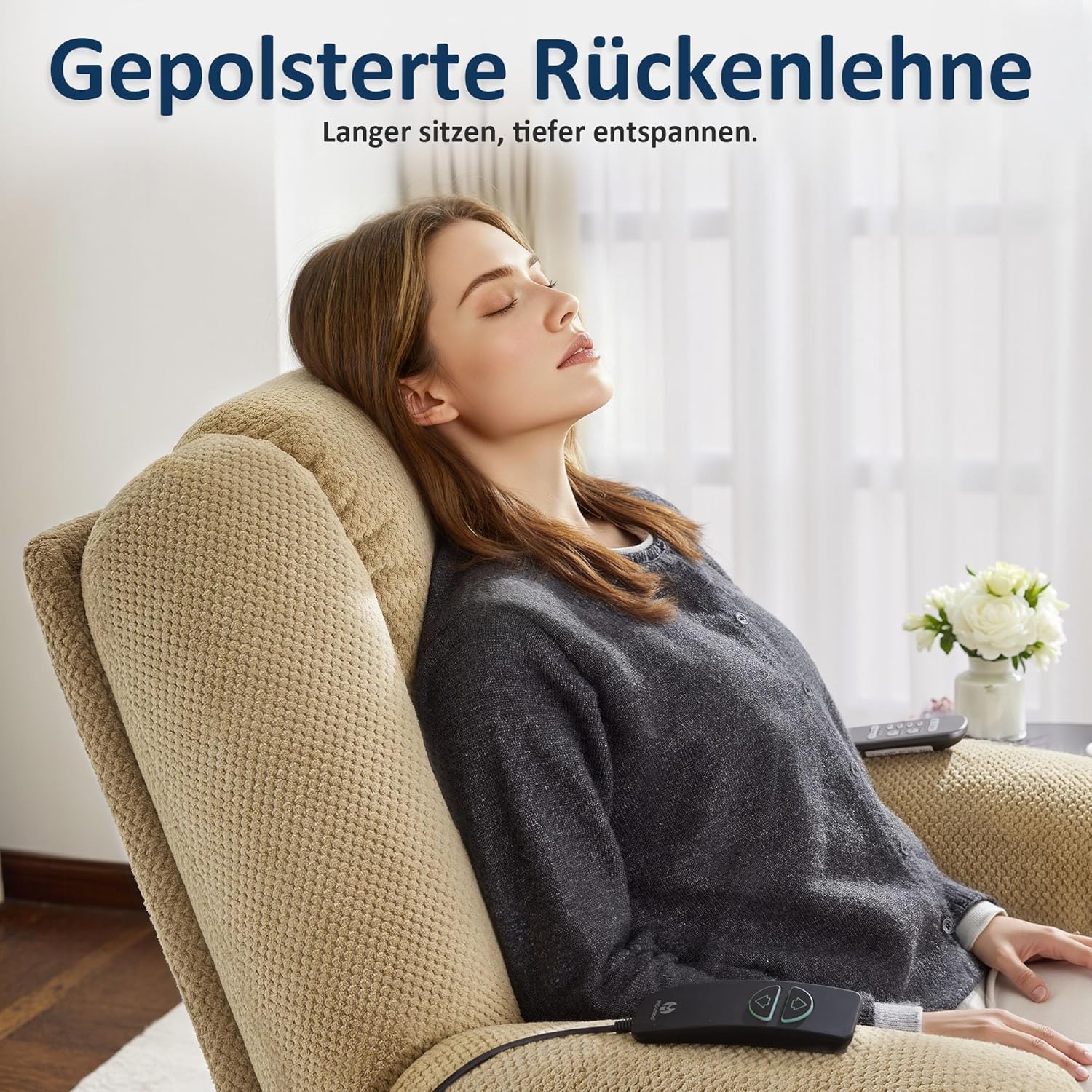 M MCombo Fernsehsessel elektrisch verstellbar, Relaxsessel mit Liegefunktion, TV Sessel mit Massage & Wärmefunktion, USB & Getränkehalter, 35D Vollschaum-Sitzkissen 7008 (Stoff, Beige)