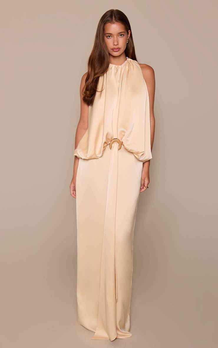 Citron Robe Longue En Satin Avec Détail Froncé Au Corsage Et Bordure