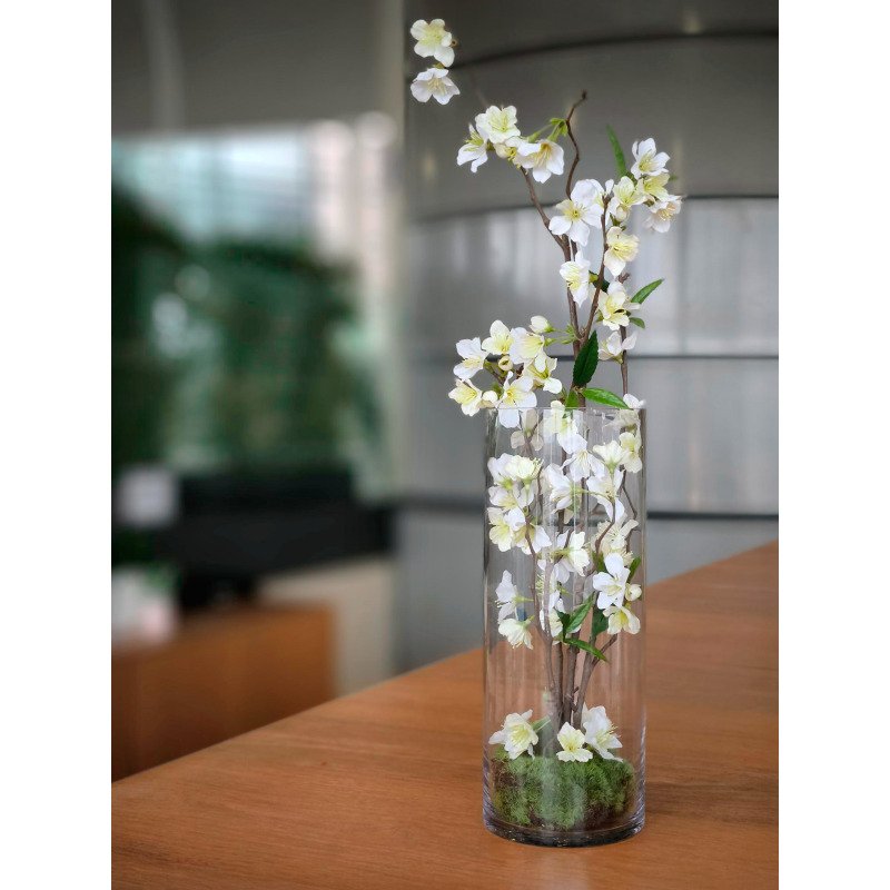 Bouquet cerisier blanc H 57 cm - avec vase en verre