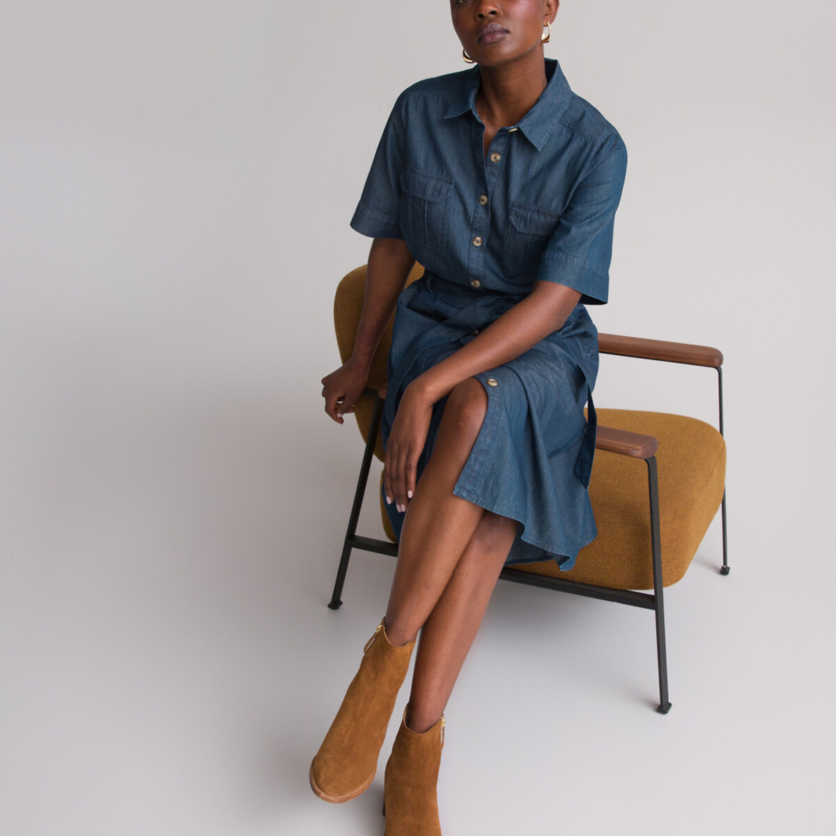 ANNE WEYBURN<br>Vestido jeans com estampa de bandeiras, comprimento midi, 3/4