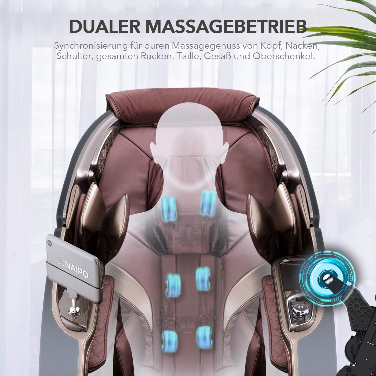 NAIPO Massagesessel mit Aufbauservice Shiatsu Massage Stuhl Zero Gravity für Ganzkörper, mit Heizung, LED, SL Track, Klopfen, Kneten, Luft-Massage-System, Bluetooth 3D Surround Sound Musik - MGC-8900BR